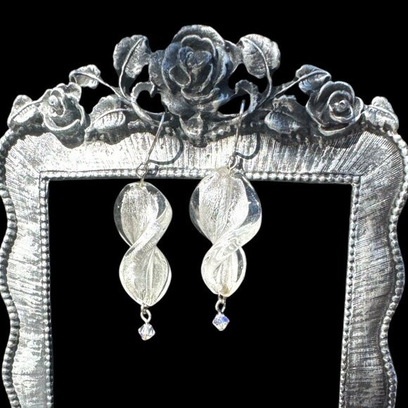 Vintage Murano Crystal Twisted Drop Earrings With Silver Accents & Crystal Bead - Picture 5 of 6